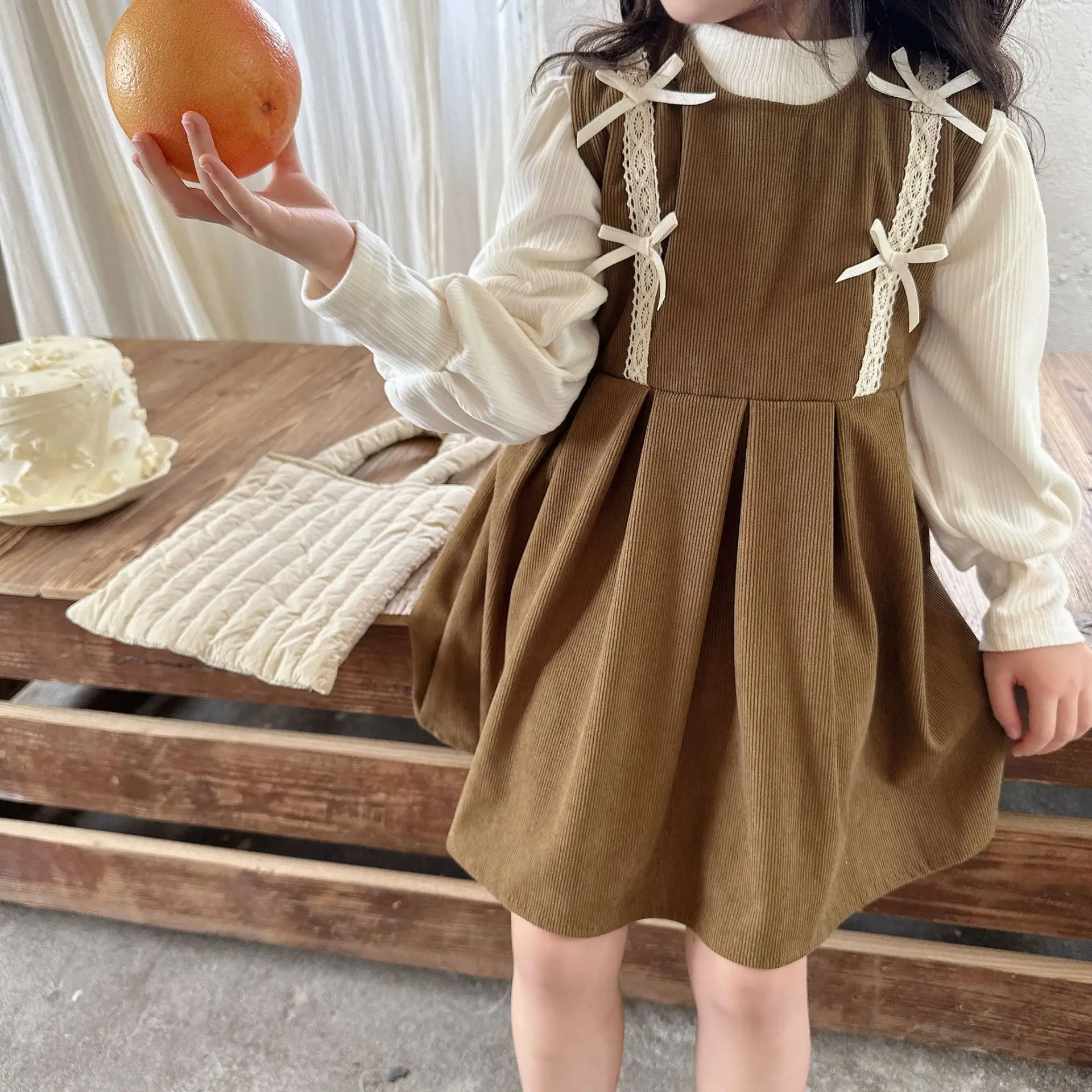 

Girls clothing set autumn 2024 new baby girl bottoming tshirt and bow vest dress two-piece set 초등 여아 옷