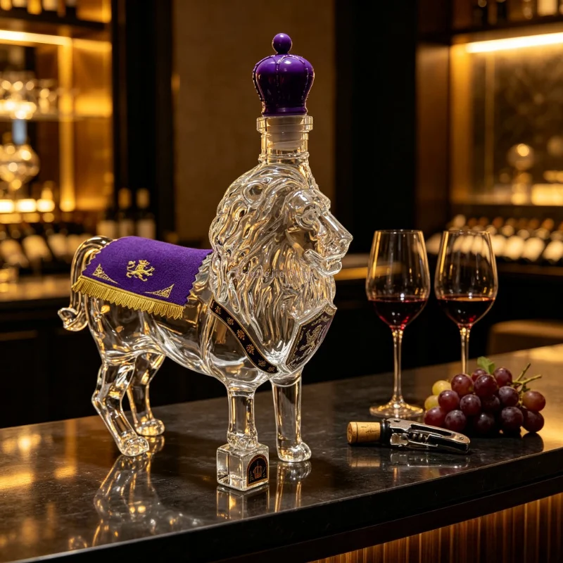 Unique Lion Design Glass Liquor Decanter Lead-Free Home Bar Decor Bottle for Whiskey Brandy Vodka - Tabletop Gift Present
