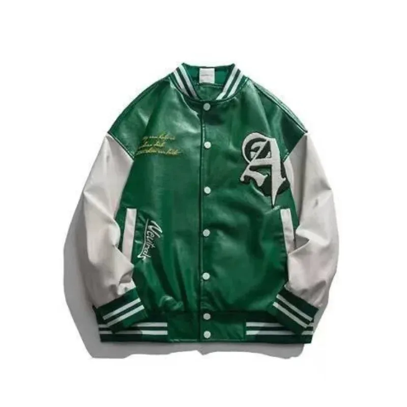 2026 2024 New American Retro High PU Leather Baseball Uniform Men And Women Y2K Couple Bomber Jacket Top Street Casual Ja view 3