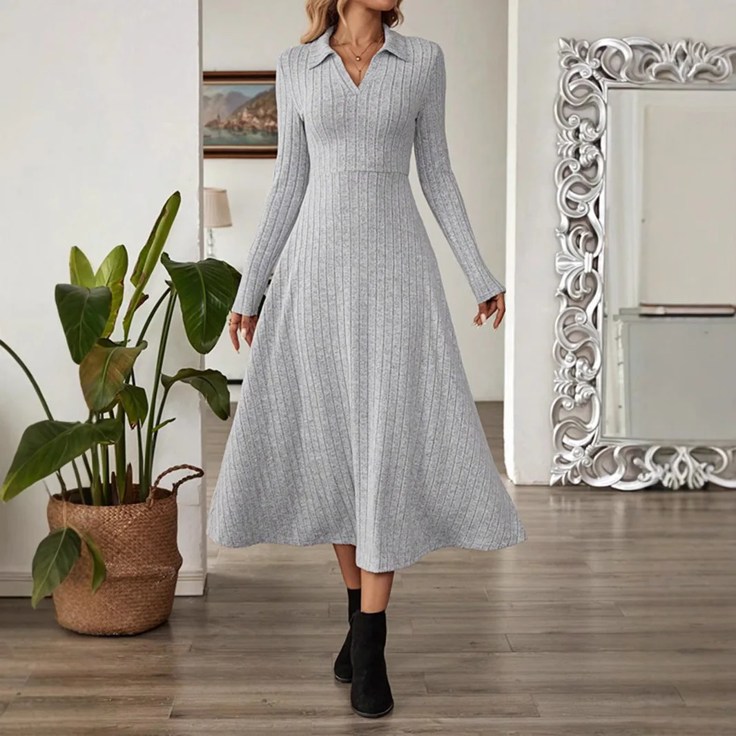 Moda de inverno vestido estético feminino com decote em v silm fit vestidos de manga comprida vestido longo cinza sólido camisa de festa elegante roupas y2k