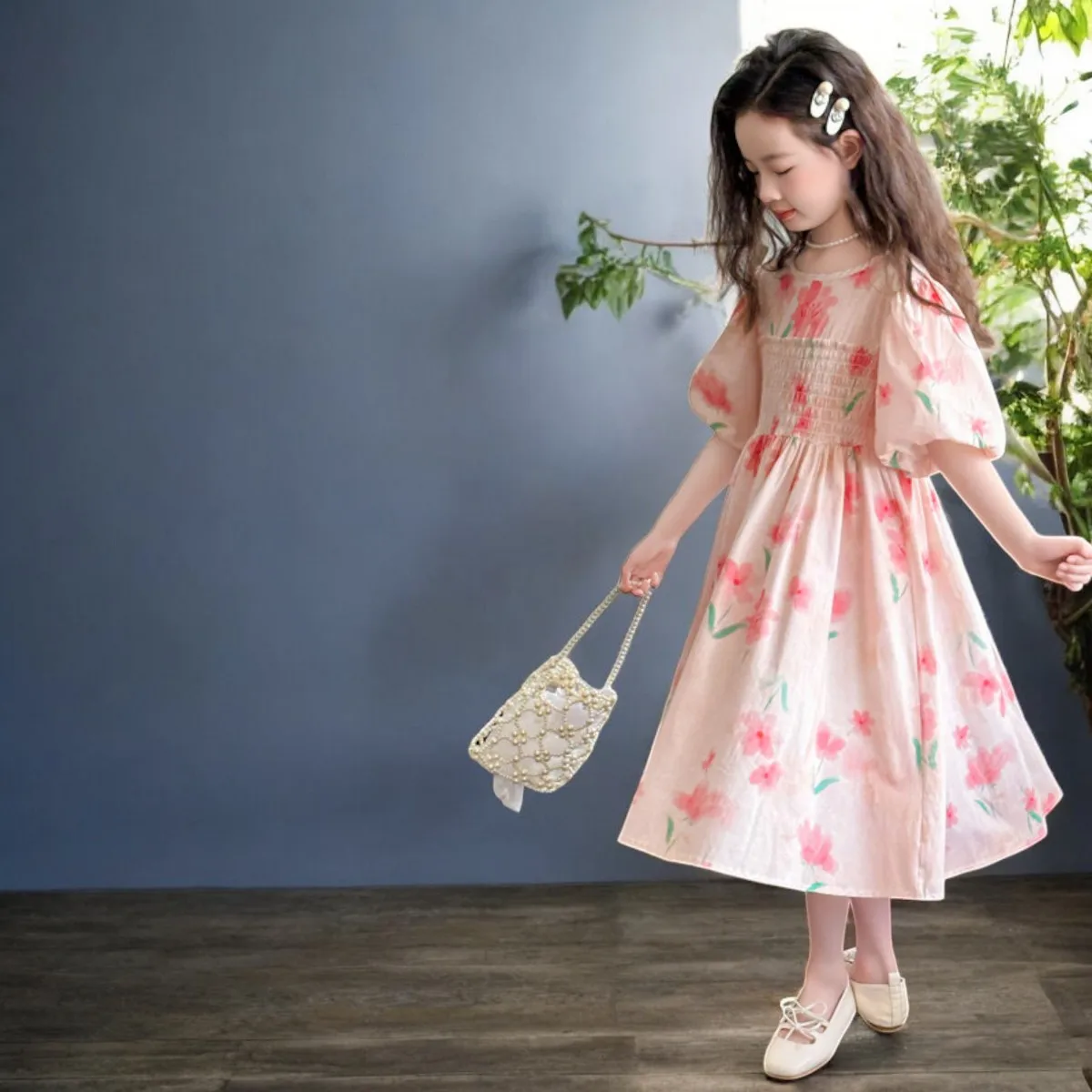 Summer Girls Princess Dresses Kids Outfits Purple Flower Clothes Short Sleeve Dress Kids Party Costumes 4 5 6 8 9 10 11 13 Years