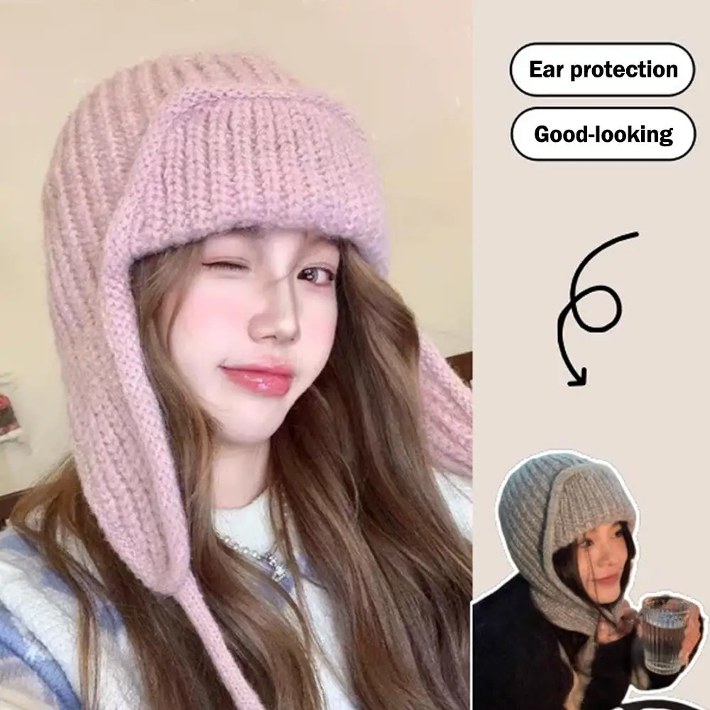 冬用ニット帽子セット 暖かい耳保護フライトキャップ ソフトウールヘッドスカーフ付き ゆったりとした顔に優しいニットイヤーマフハット