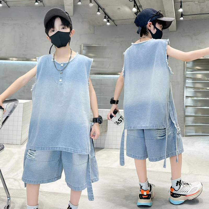 Stylish Boy Summer Hip Hop Design Costume Denim Clothing Set Kids Child Y2K Fashion Streetwear Outfit Two Pieces Tracksuit 5-14Y
