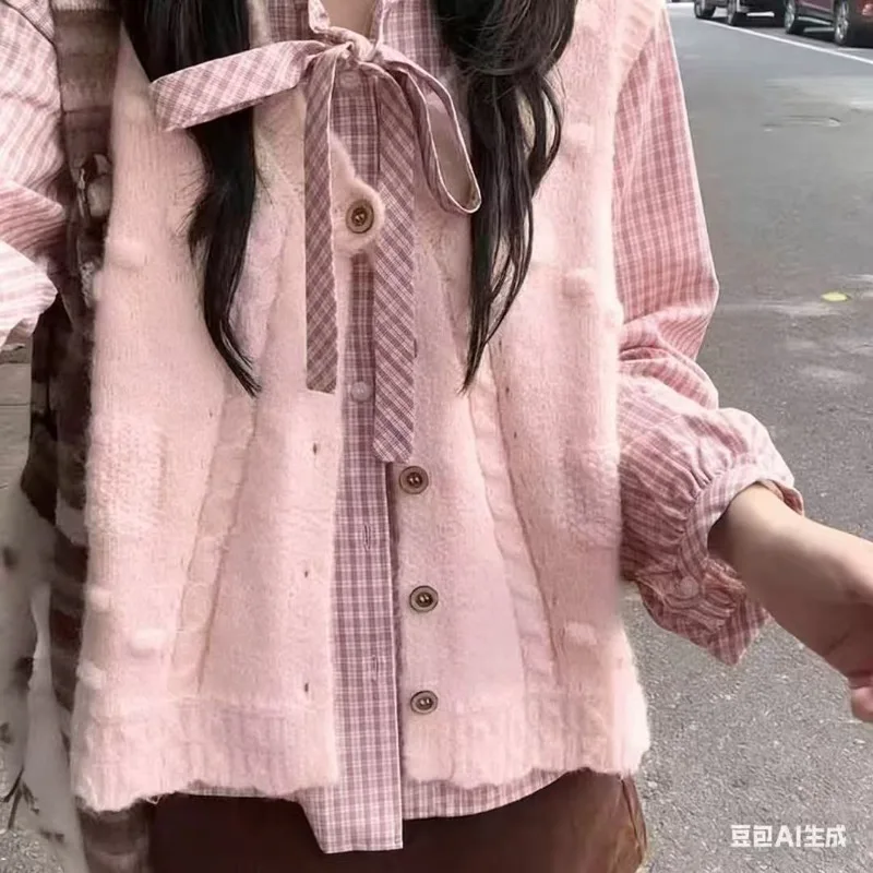 This Year New Korean-style Vest Is A Popular Choice Beige Jacquard Layered Sweater for Petite Women Cardigan Style Relaxed Fit