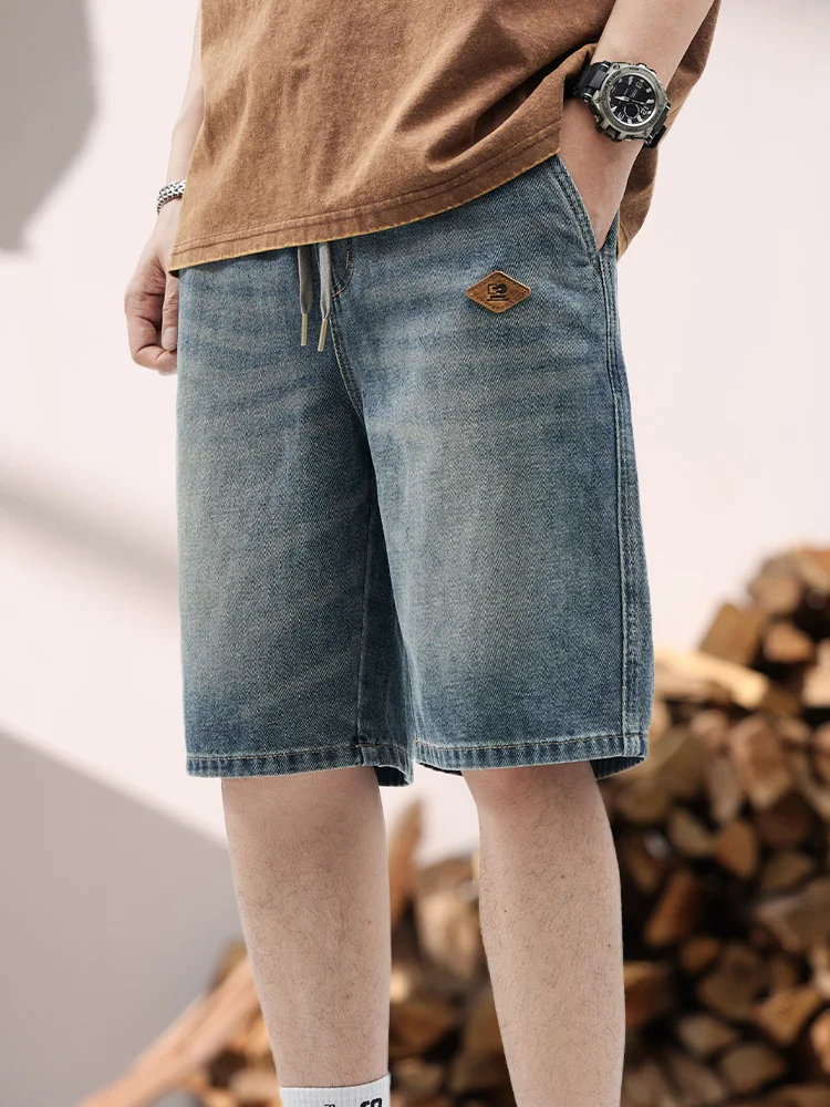 

Мужские летние джинсы-брюки из ретро-американского денима, новинка, износостойкие, повседневные, длиной до колена, модные, свободного кроя, прямые штанины