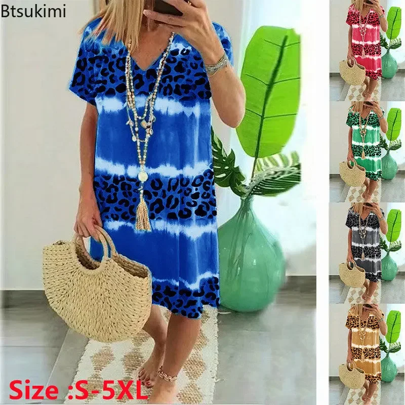 

2024 Women Oversized Casual Dress Leopard Print Short Sleeve Loose Dress Female Slim Fit Summer Clothes for Women Vestidos 5XL