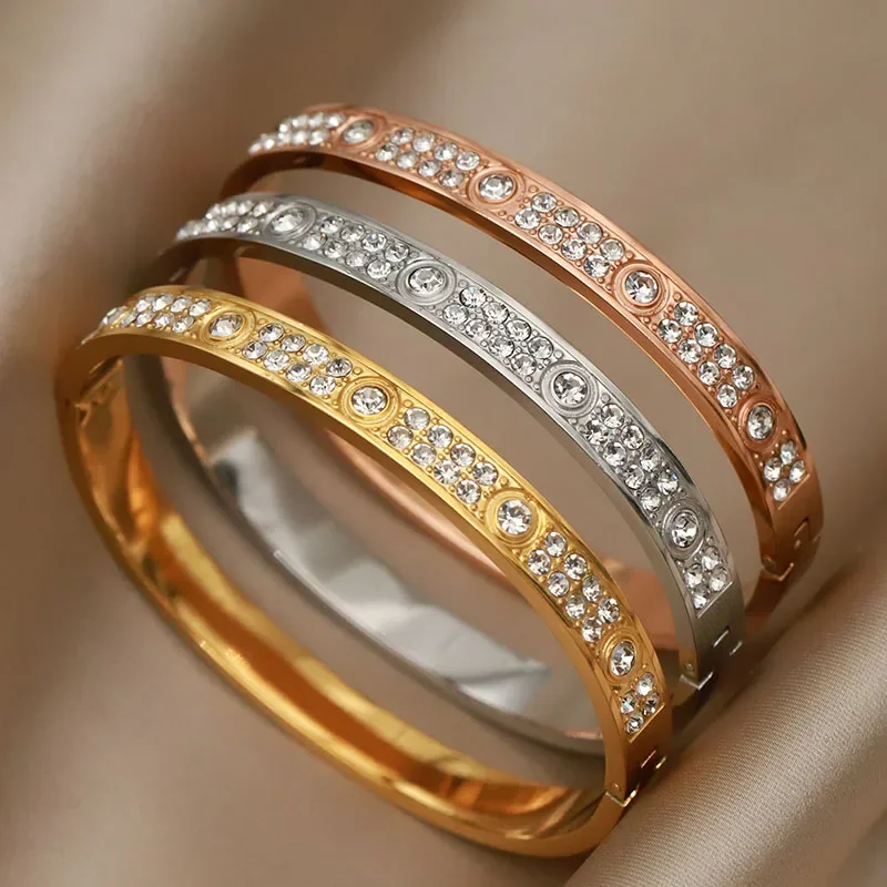 Stainless Steel 18K PVD Plated Classic Crystal Bracelets for Women Fashion Brand Jewelry Elegant Golden Bangles Accessories view 2