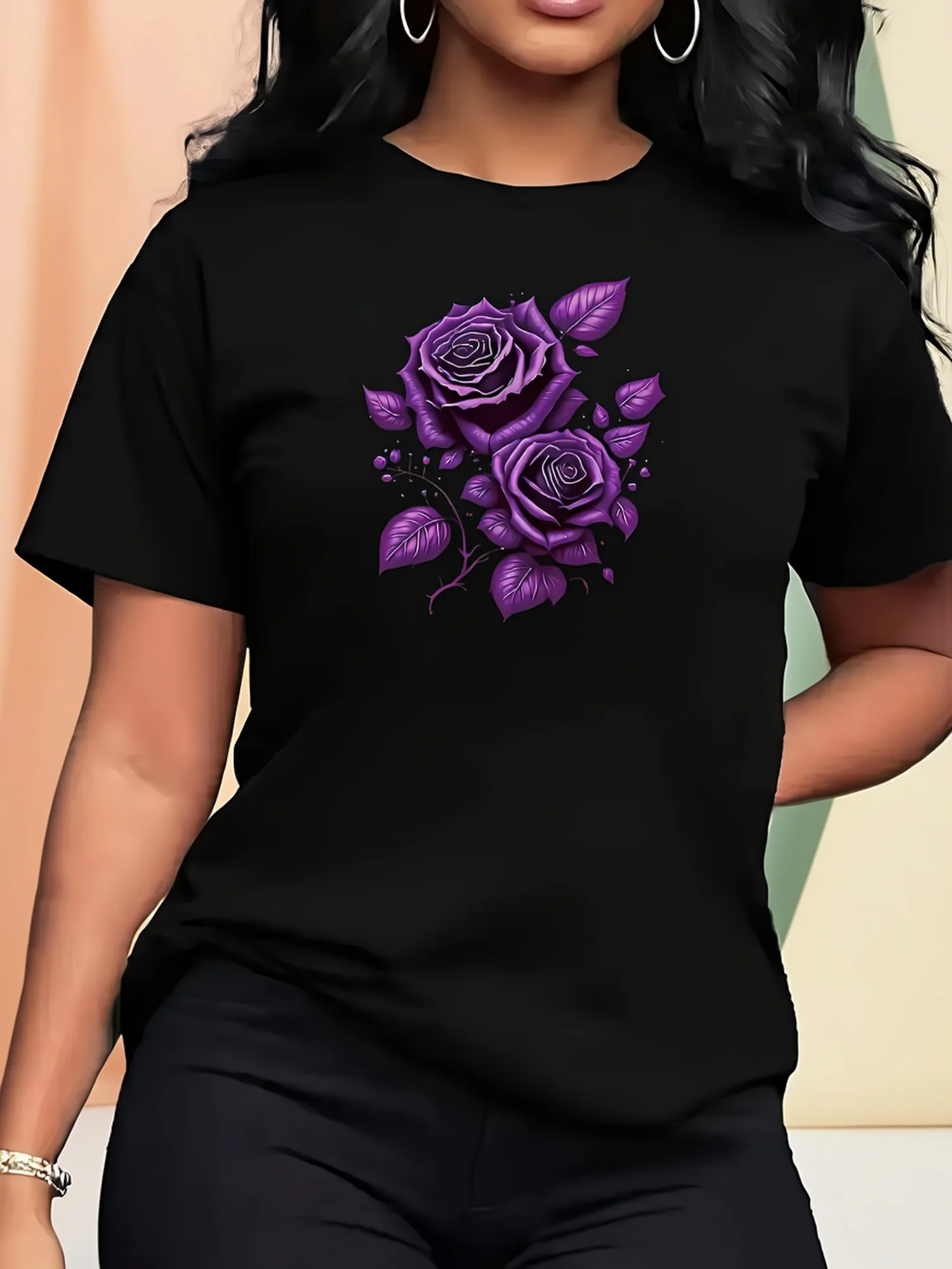 Comfortable Women's Purple Rose Pattern Printed Short-Sleeve Design in Vibrant Colors Geometric Print Crew Neck Short Sleeve