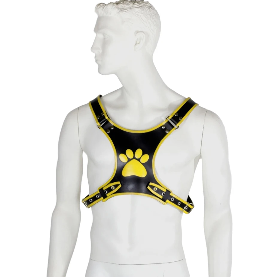 

Черный и желтый сексуальный латексный жилет с ремнями для домашних животных D Ring Puppy Rubber Top Footprint Cuirass Chest Protector Play 064