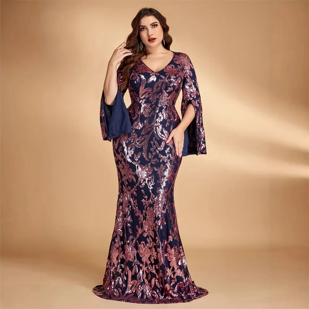 plus-size new style sequin split long sleeve evening dress, elegant and slimming fish tail skirt for toast party dresses107