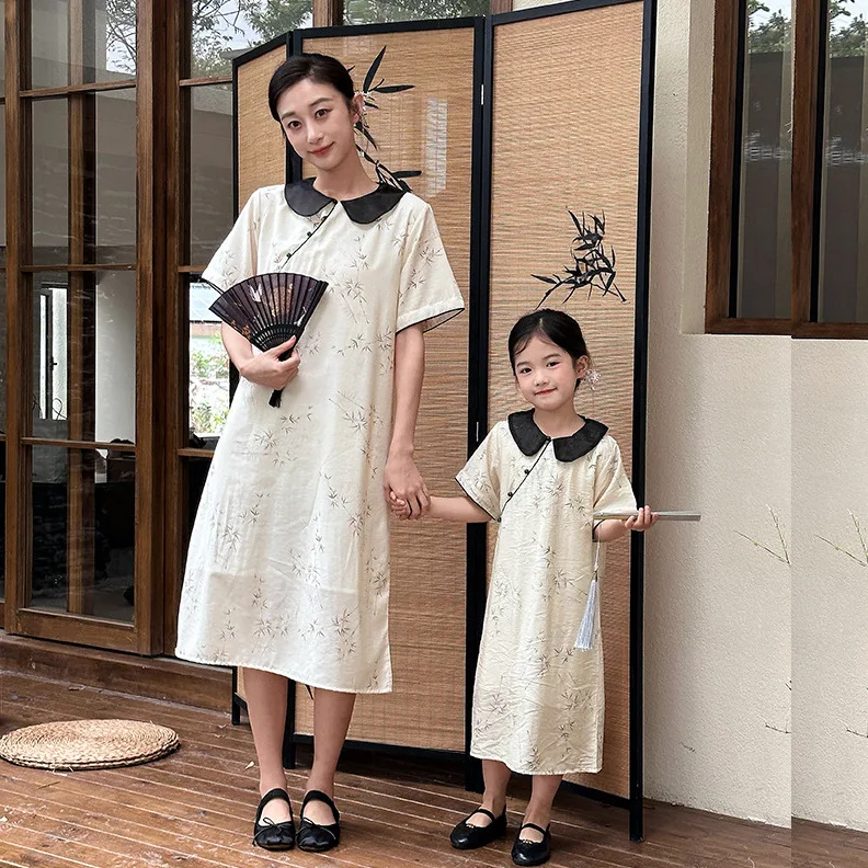 

Mom and Daughter Equal Dress with Collar 2024 Summer Mother and Baby Girls Matching Chinese Style Dresses Mommy and Me Clothes