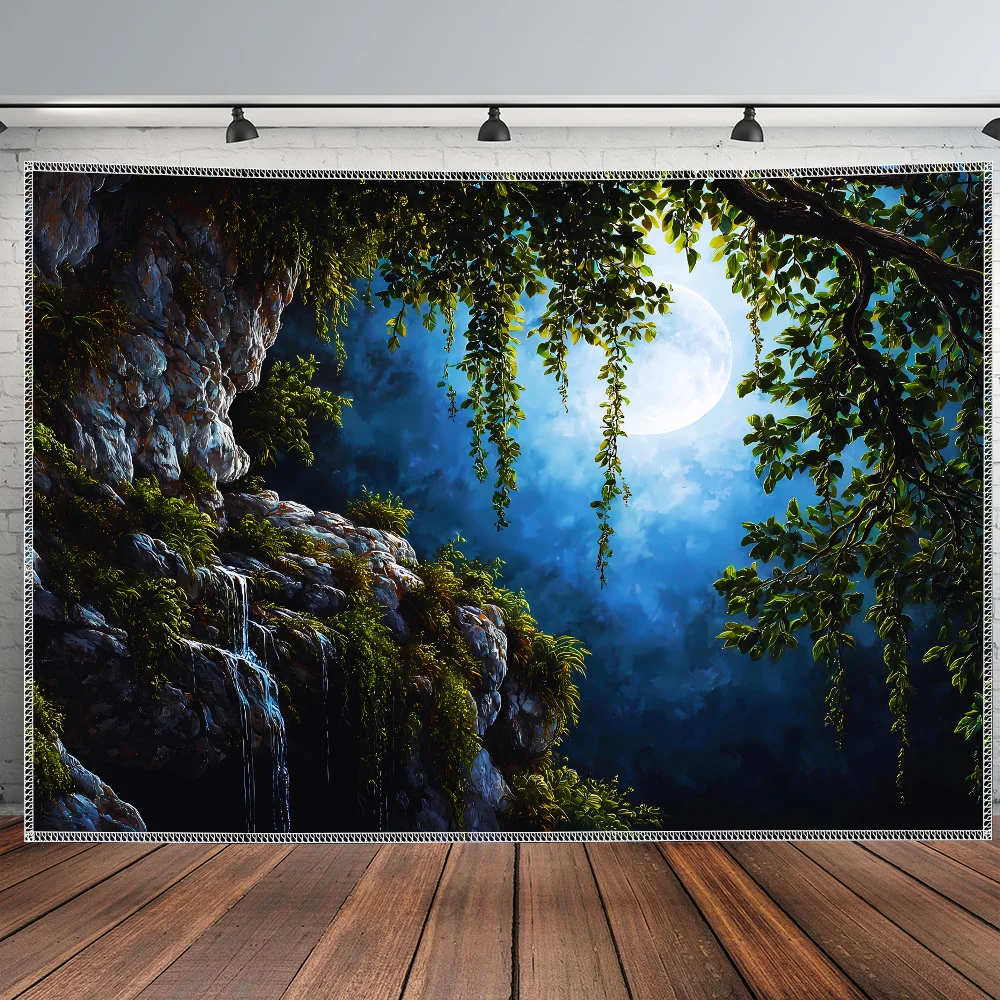 Bohemian Forest Waterfall Tapestry Nature Mural Wall Art Hanging Decor Tropical Jungle Moonlight Print for Living Room Bedroom