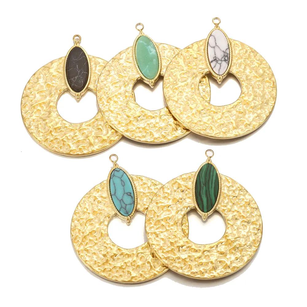 2pcs Natural Stone Stainless Steel Boho Large Round Charms For Jewelry Making Earring Pendants Connectors for DIY Jewelry Making