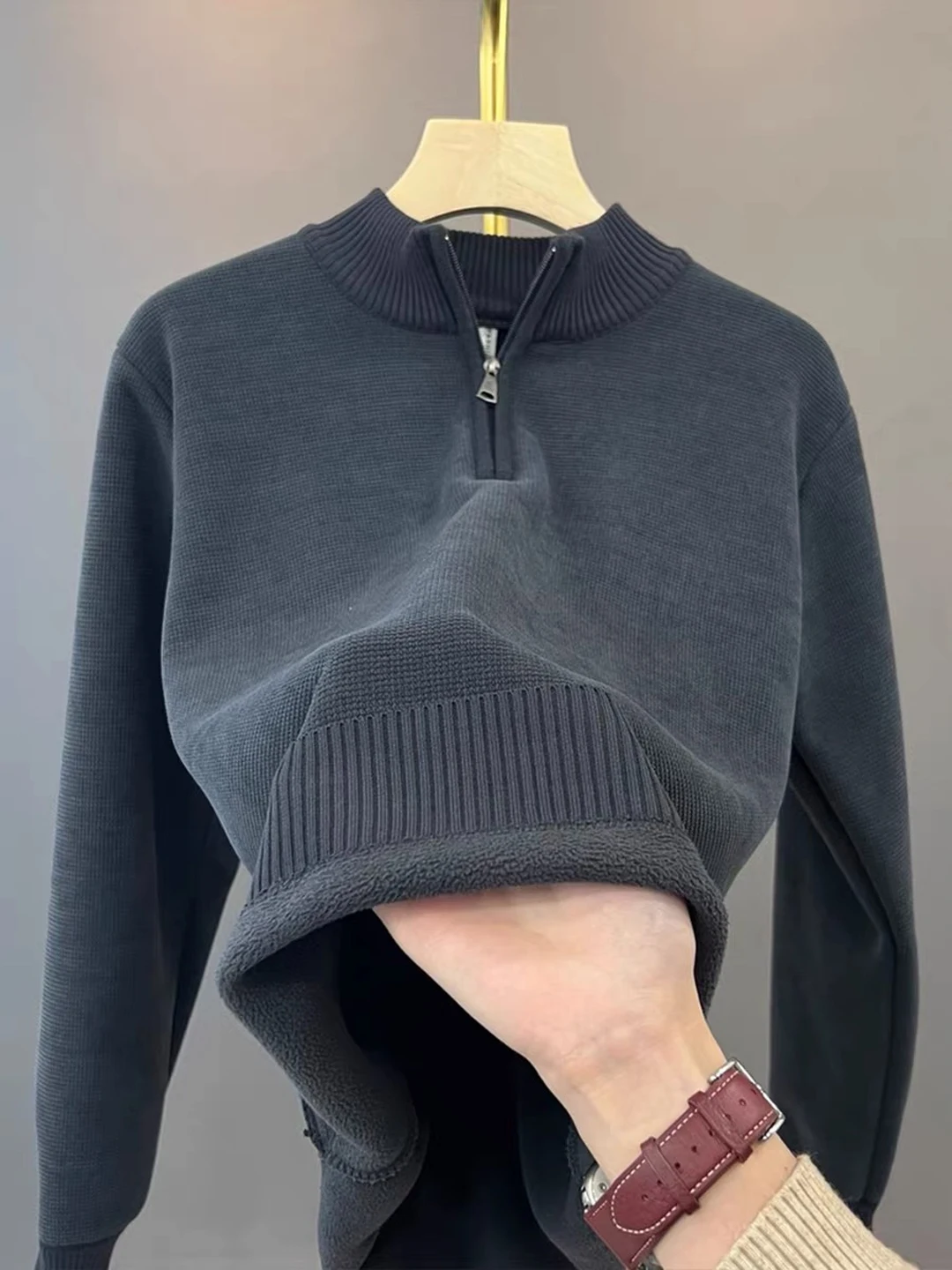 

Deep ey Men's Zip-Up Knitwear f High Collar Fce Lined American Sle Base Layer irt Warmth Inteated Sweater