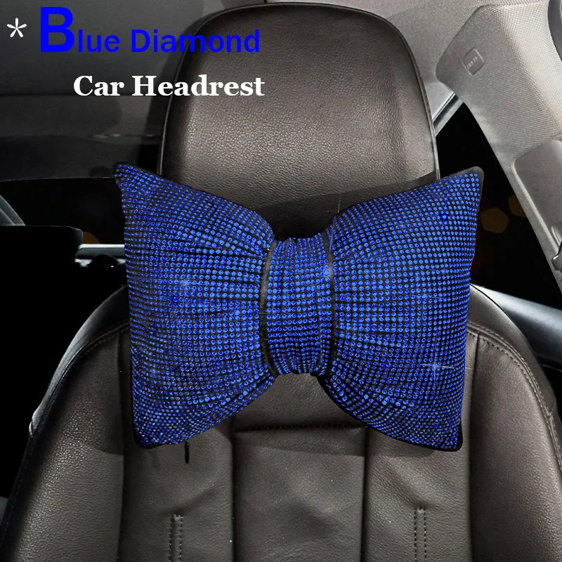 Crystal Blue Diamond Car Seat Covers Cushion Mat Universal Headrest Pads Fit For Women Ladies Girl Gift Auto Interior Accessorie