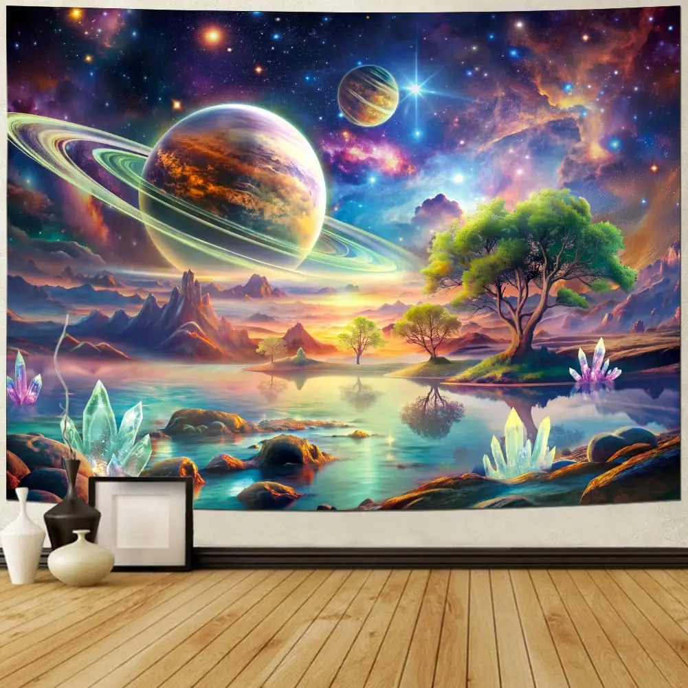 Blacklight Galaxy Space Tapestry UV Reactive Planet Wall Hanging Magical Trees Tapestries Cosmic Mountain Landscape Wall Decor
