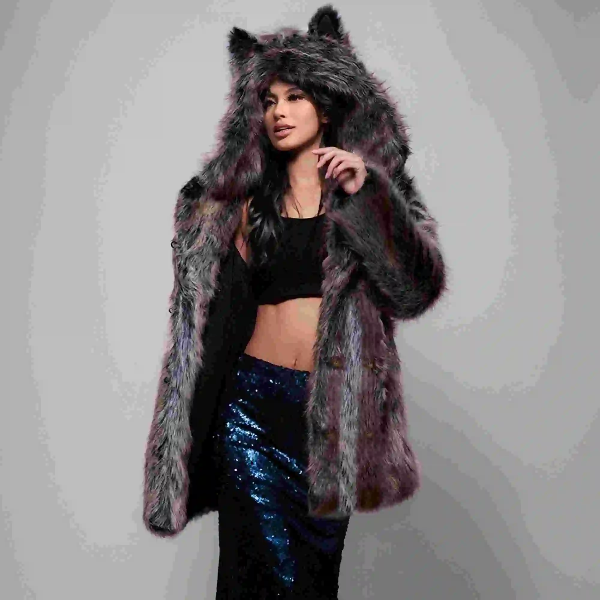 FHILLINUO Fur Coats Fur lapel Jacket Women Elegant Black Fluffy Solid Thicken Warm Long Sleeves Coats Black Chic Oversize Lady