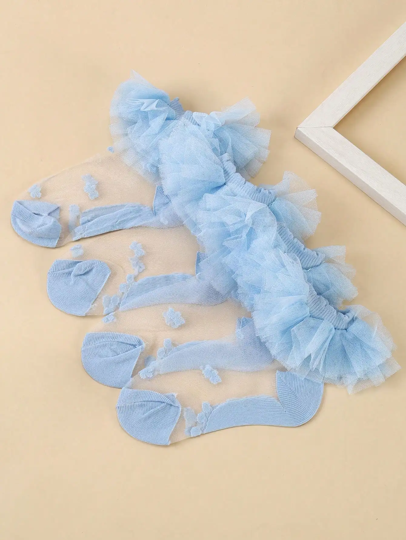 2 pairs of Spring/Summer New Blue/White Lightweight Girl's Embellished Socks with Solid Color Lace Base, Super Stylish and Breat