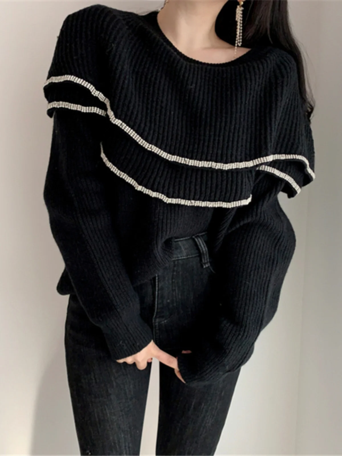 Chic Double Layer Ruffle Collar Shiny Thread  Sexy Bare Shoulder Loose Knitted Sweater for Women Autumn Winter Style