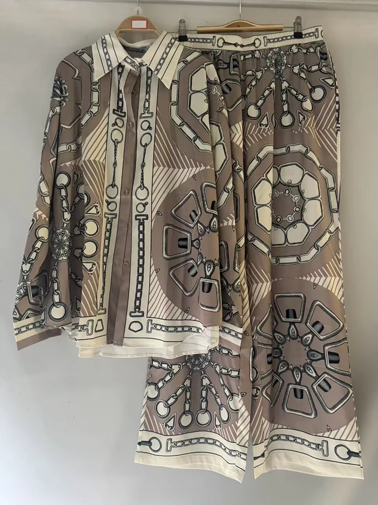 

Retro geometric print straight-leg long-sleeved shirt two-piece set for autumn women's wear + loose wide-leg pants fashion set
