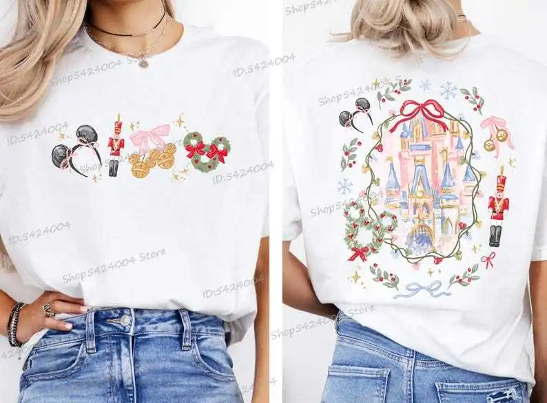 

Vintage Mickey Ear Castle Print T Shirt Women Cotton Short Sleeve Crewneck Tees Aesthetics Coquette Bow Mickey Female T-shirts