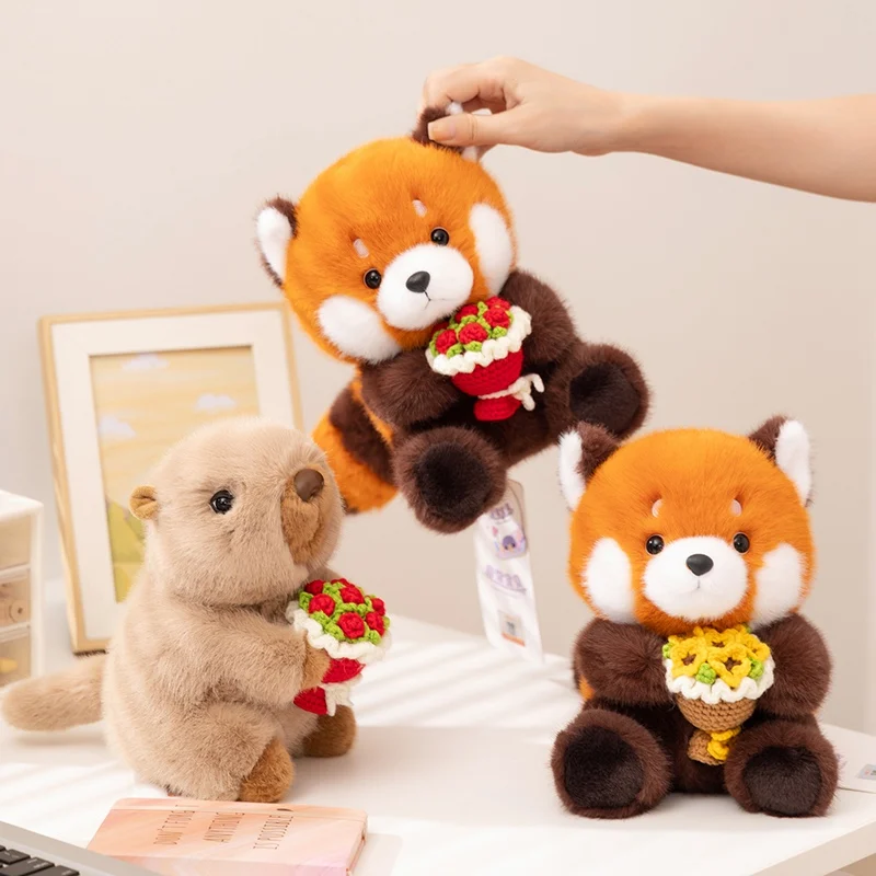 Creative Hand-held Flower Groundhog Hat with Rose Plush Toys Stuffed Animal Soft Lesser Panda Plushi Doll Wedding Valentine Gift