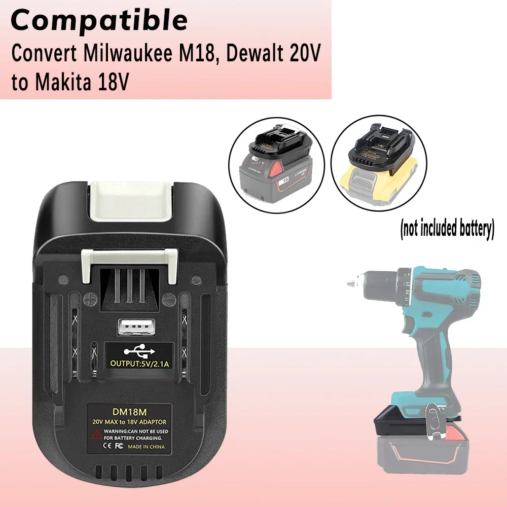 DM18M Adapter for Makita 18V Tools, for DeWalt 20V Lithium Battery to for Makita 18V Battery Cordless Tool, with USB Port view 4