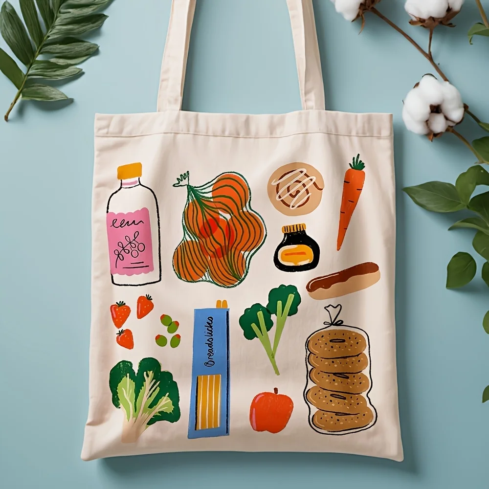 Top-Handle Bags Vivid Vegetable Illustration Tote Bag, Reusable Shopping Bag, With Farmers Market Design, Suitable for Daily Use