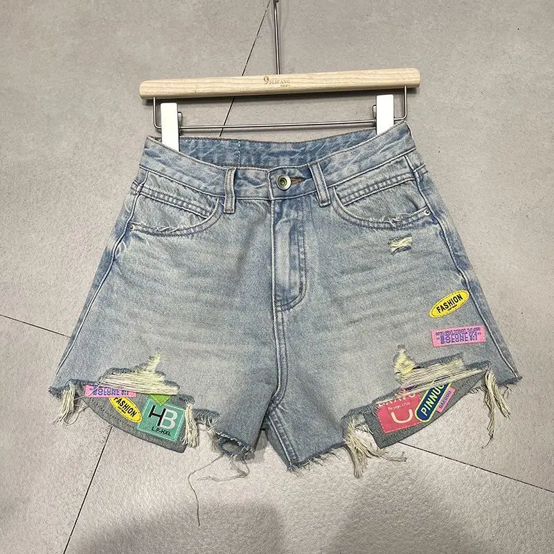 

High Street Female Hit Color Patchwork Ripped Denim Shorts Women New Summer High Waist Casual Loose Wide Leg Short Jeans Q877