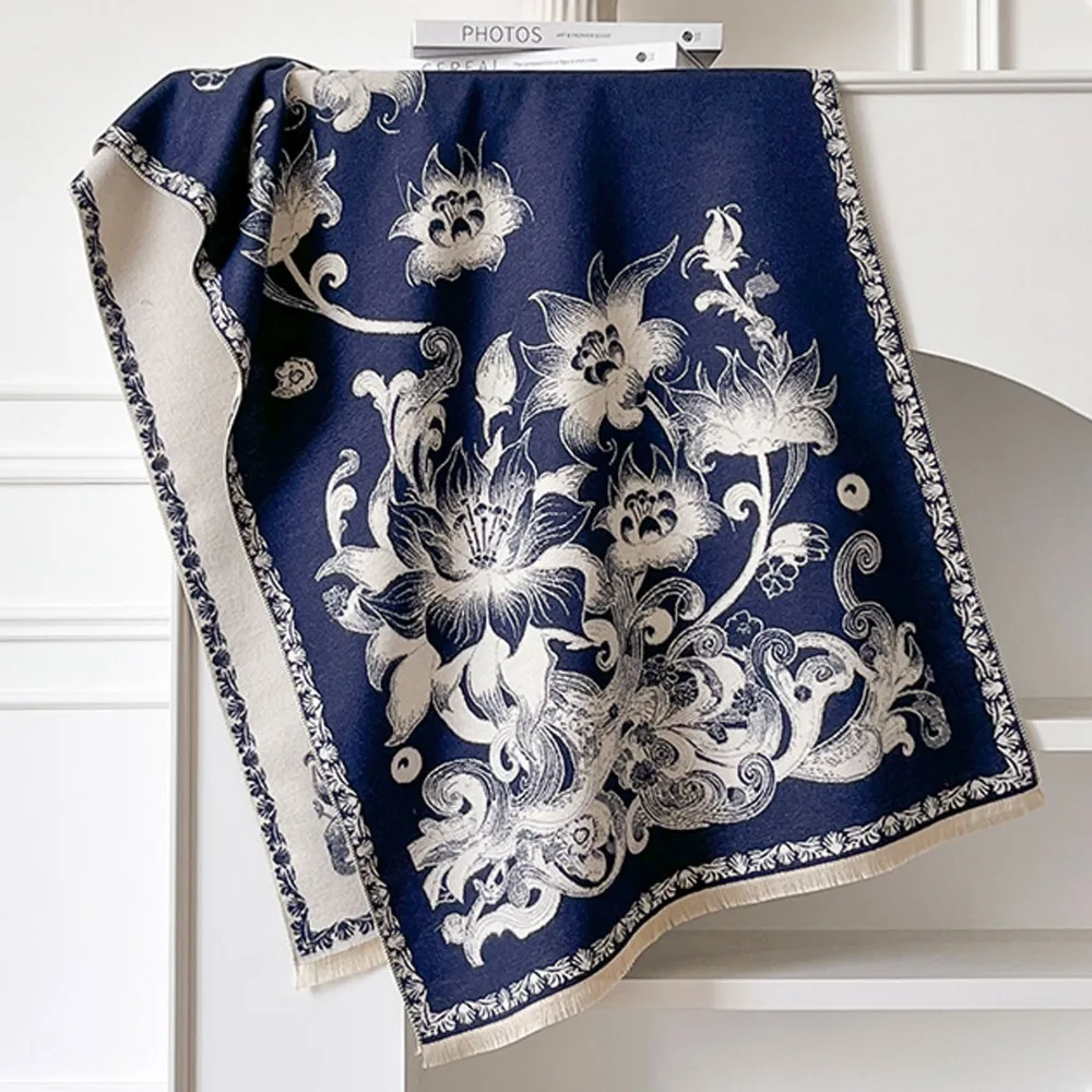 

Уютный универсальный шарф из искусственного кашемира с принтом лотоса, теплое одеяло из пашмины, ветрозащитные толстые шарфы-пончо для женщин