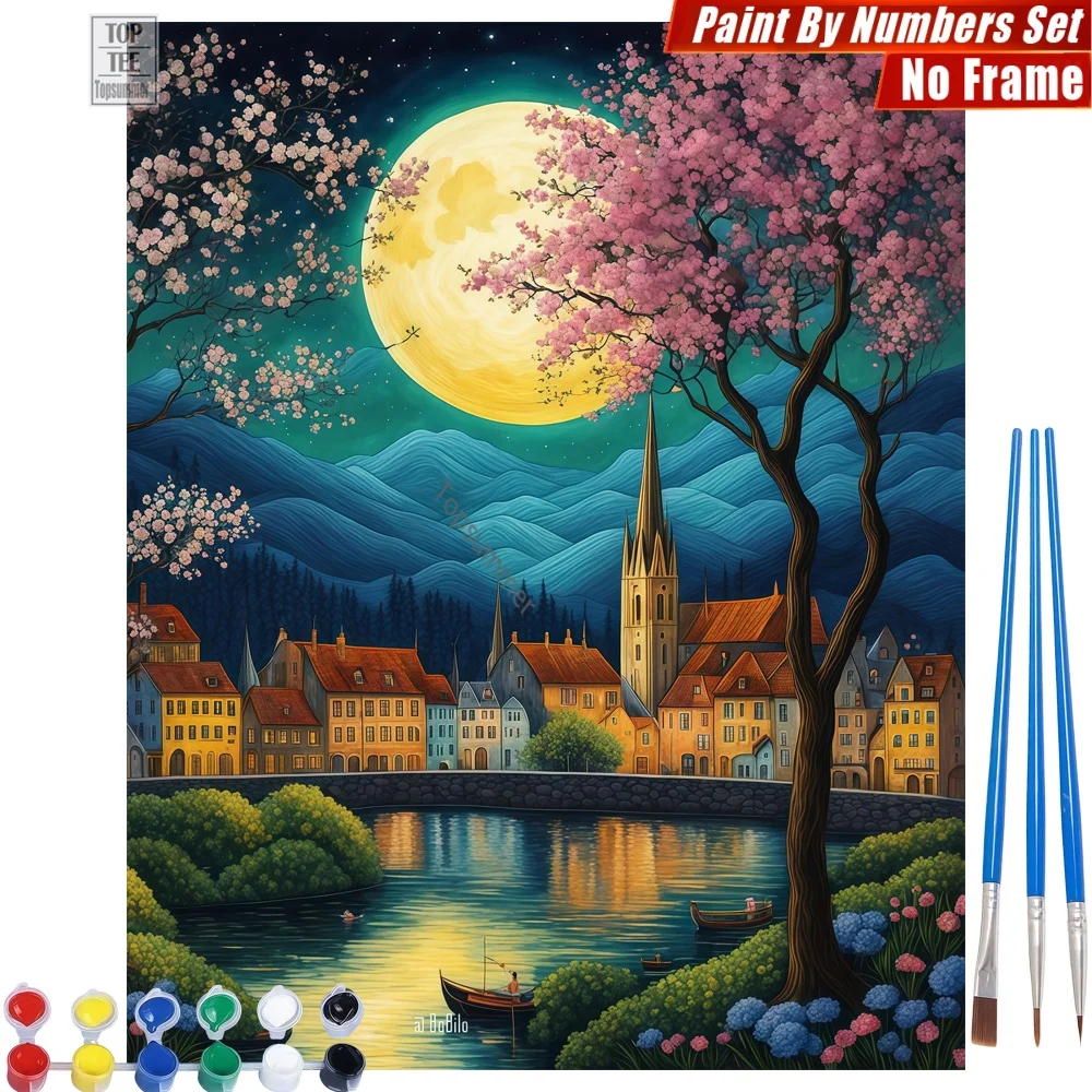 

Cherry blossom town Digital Oil Paints Kit - Full moon night Home Bedroom Decor Day Of The Dead Gift For Husband