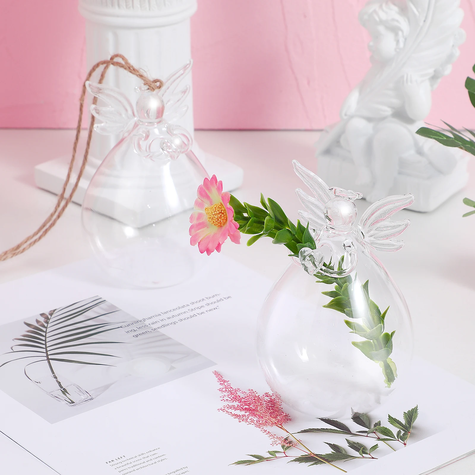 

2Pcs Creative Flower Vase Premium Glass Angel Design Modern Chic Home Decor Hydroponic Plant Container for Tulips Roses Wheat