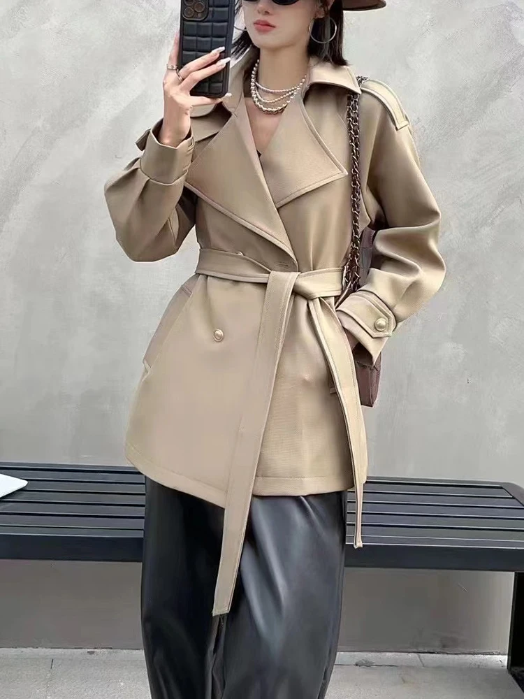 TWOTWINSTYLE Solid Patcheork Belt Casual Coats For Women Lapel Long Sleeve Spliced Button Eleganckie kurtki damskie Jesienna moda