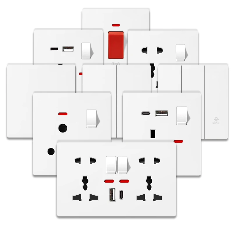 مقبس شحن سريع ذكي USB من النوع C باللون الأبيض العالمي، مآخذ طاقة مزدوجة 5 سنون، مفتاح إضاءة جداري كهربائي للمملكة المتحدة #6