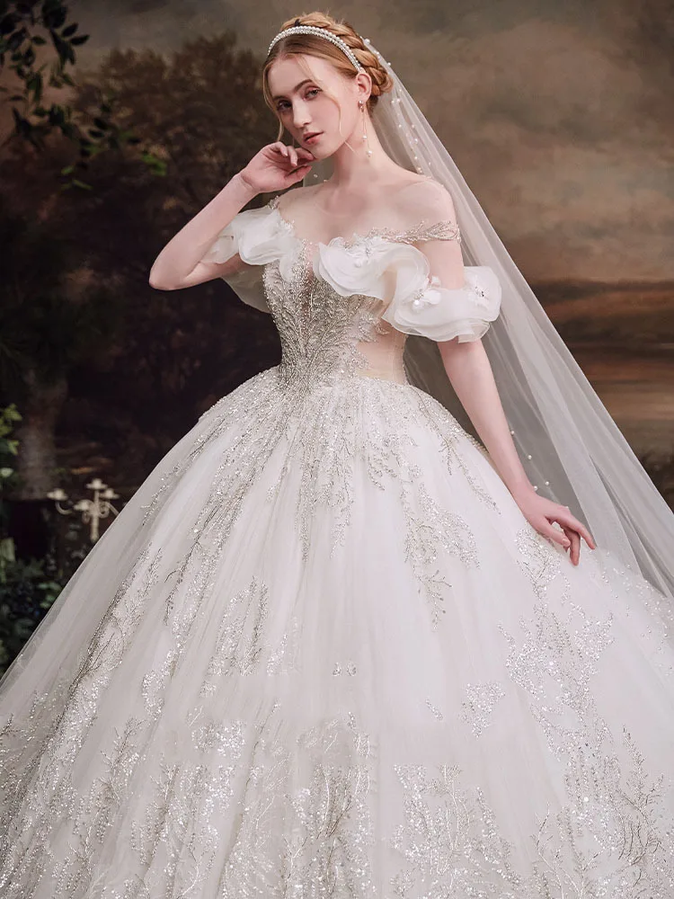 2024 Luxus Hochzeit Kleid Weg Von Der Schulter Mit Puff Handgemachte Perlen Vintage Prinzessin Ballkleider Vestido De Novia Angepasst