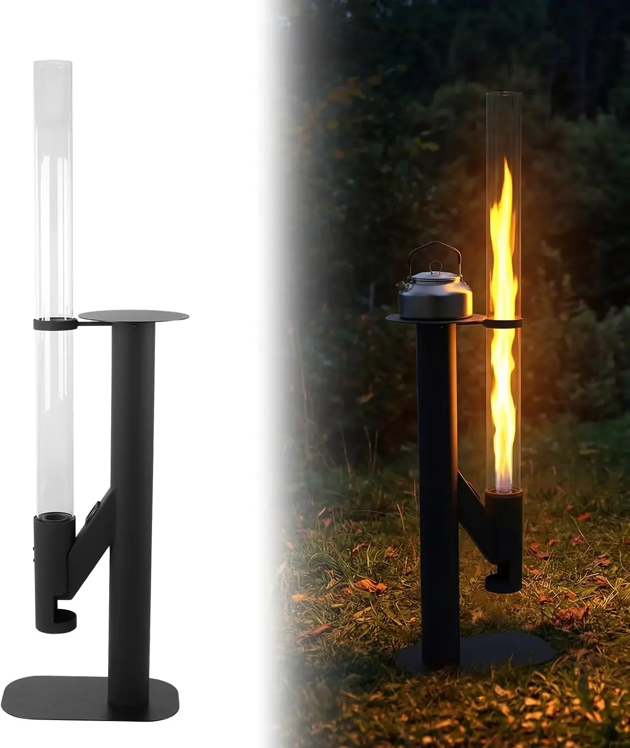 50.79in Patio Wood Granule Stove Heater Glass Tube Smokeless Flame with Table Outdoor Fire Pit for Backyard Bonfire Camping Gard