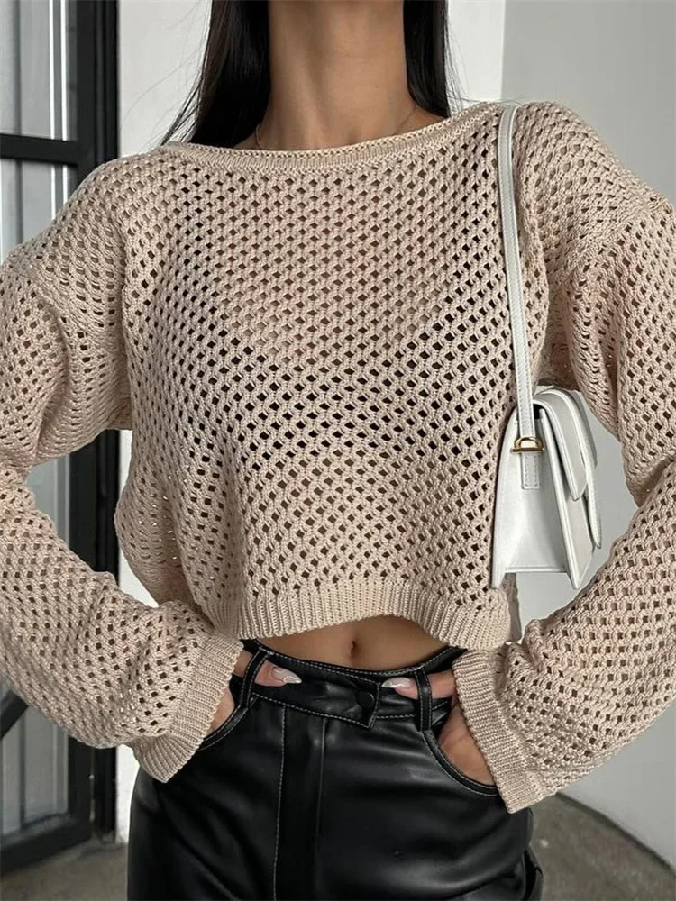 White Knit Sweater Cover up Women's See-Through Summer Long Sleeve Loose Knitwear Casual Beach Holiday Female Cover up New