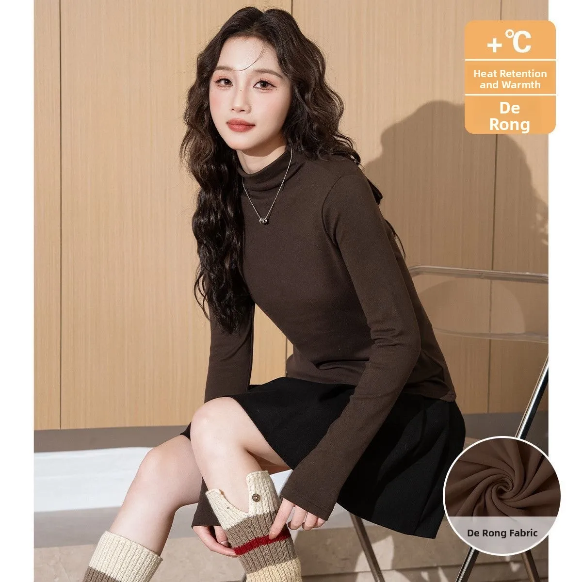 Black Thickened Double-sided Half-high Collar German Velvet Long-sleeve T-shirt Women's Base Shirt Pure Color Korean Style