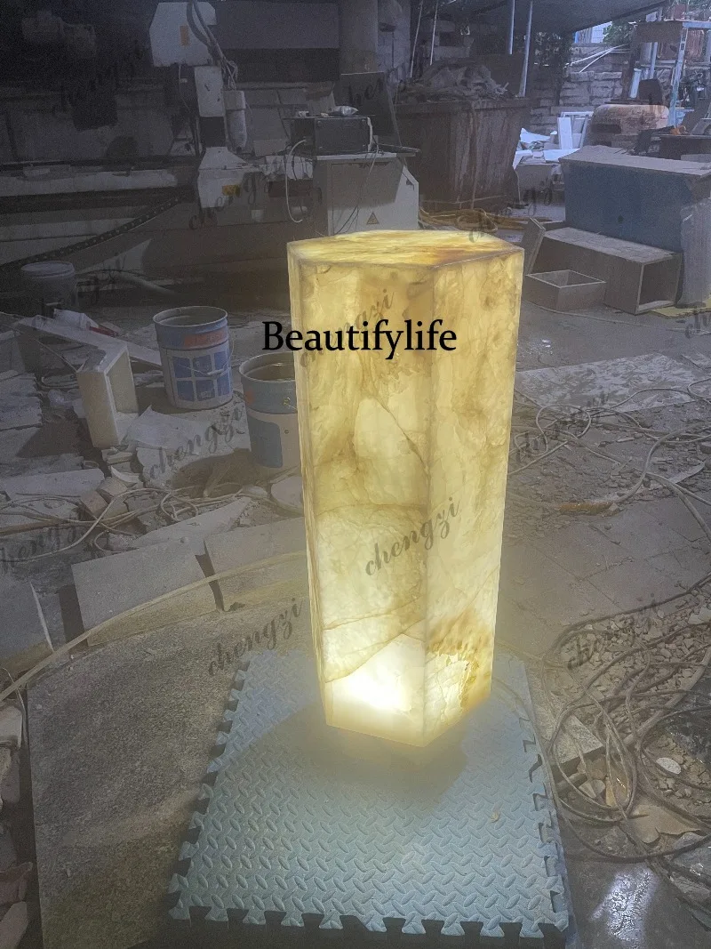 Natural jade marble column living room porch floor lamp light luxury decorative lamp column vase sculpture