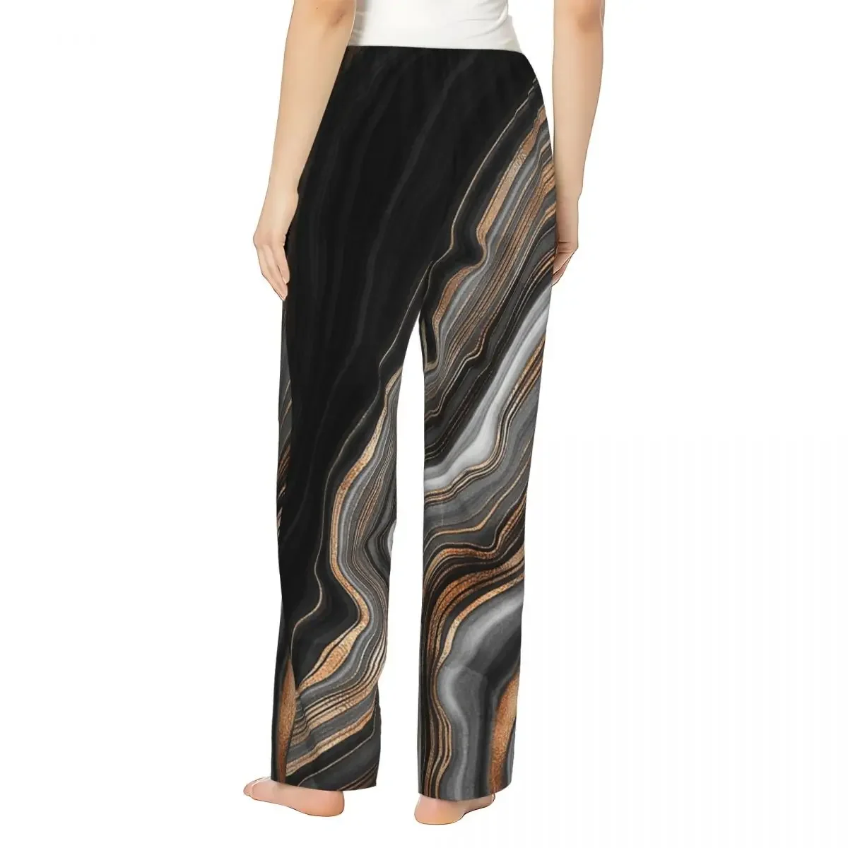 Custom Elegant Black And Gray Faux Marble With Gold Veins Women Pajama Pants Lounge Sleep Sleepwear Bottoms with Pockets