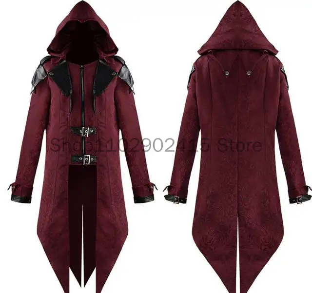 2023 Medieval Men Assassin Cosplay Embroidery Jacket Punk Leather Shoulder Costume Victorian Retro Knight Hooded Tailcoat