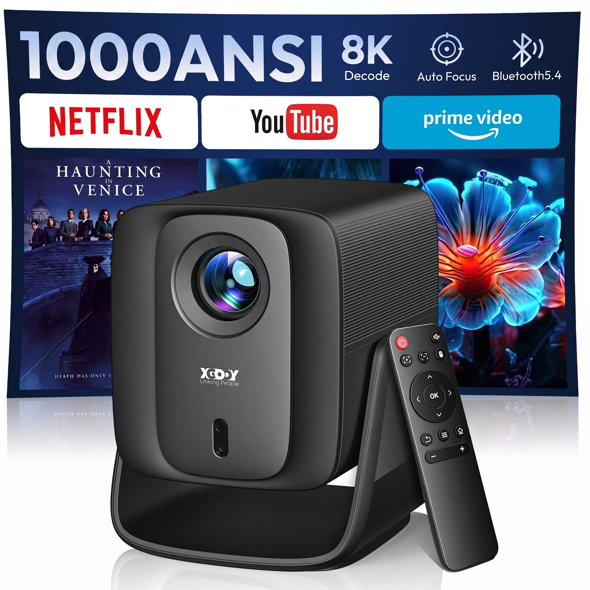 XGODY 1000 ANSI Projektor Android 14 Allwinner H726 2+16GB Autofokus Native 1080P 8K Beamer Wifi6 BT5.4 Tragbarer Film-Outdoor-Projektor