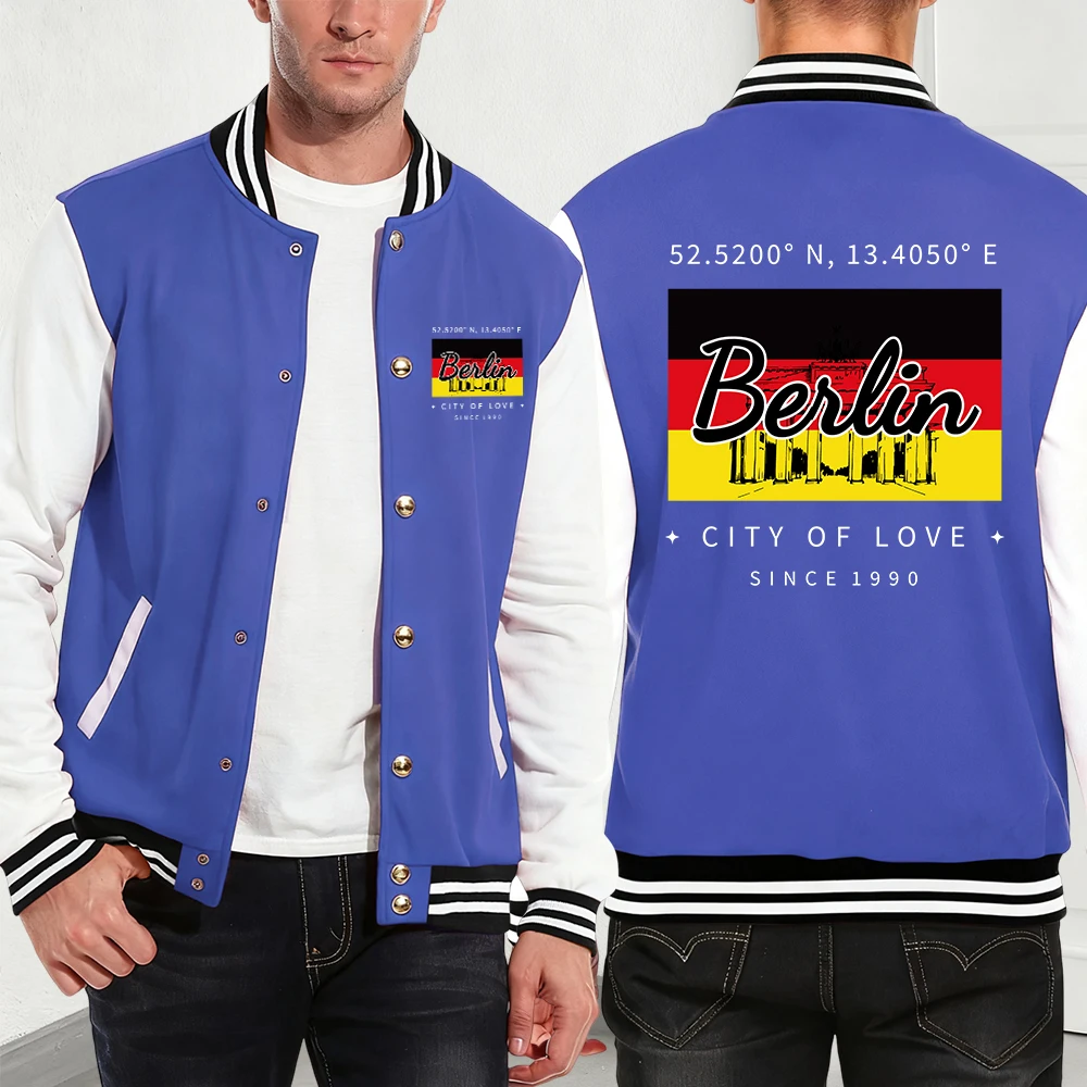 

Berlin City Of Love Printing Men'S Jackets Cotton Basics Pocket Baseball Jersey Winter Fleece Warm Coats Fashion Men Clothes