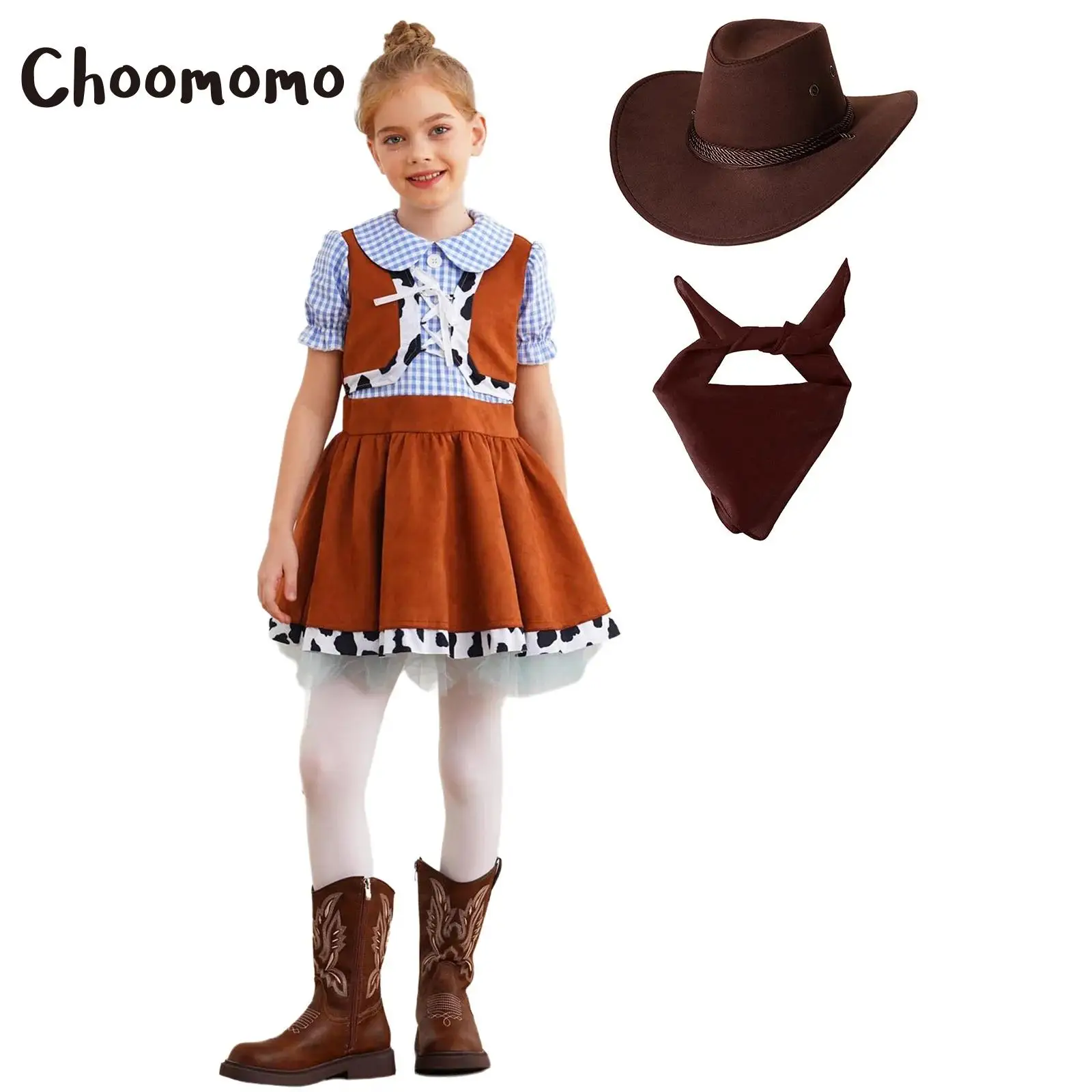 

Western Cowboy Cowgirl Costume Halloween Cosplay Dress Set Including Lapel Puff Sleeve Cow Print Gingham Dress Hat Bandana Outfi
