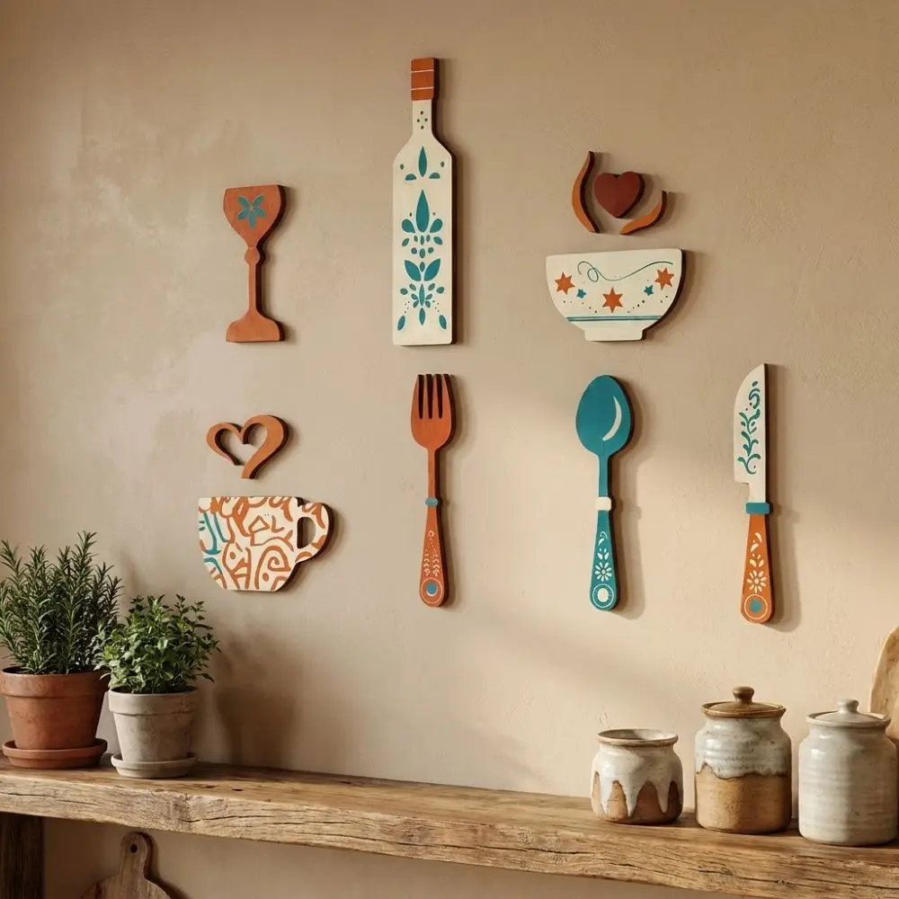 Vintage Wood Floral Kitchen Utensil Pendant Farmhouse Style Coffee Cup Wine Bottle Rustic Wall Sticker Ornaments Hand-painted