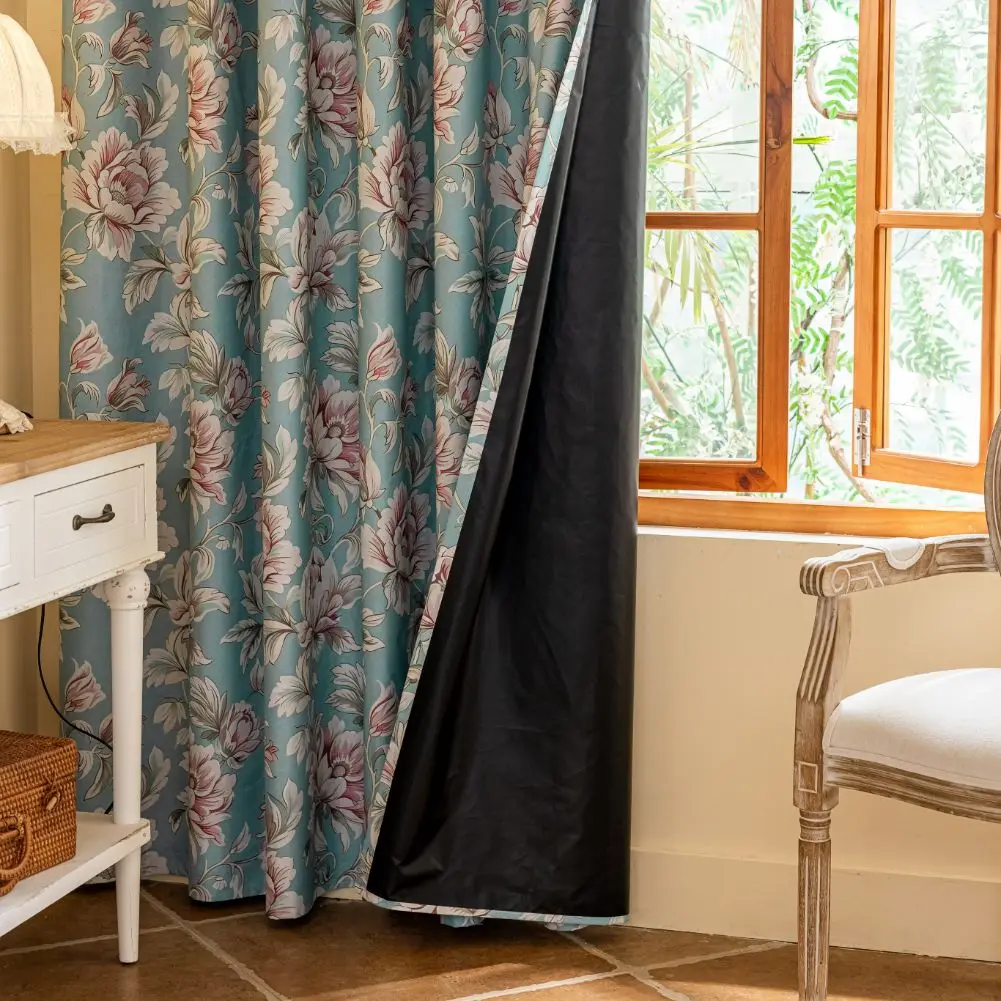 1 قطعة الستائر الرجعية لغرفة النوم غرفة المعيشة 100% التعتيم البلد الأمريكي نمط الستائر الأزرق خلفية الوردي زهرة ديكور المنزل