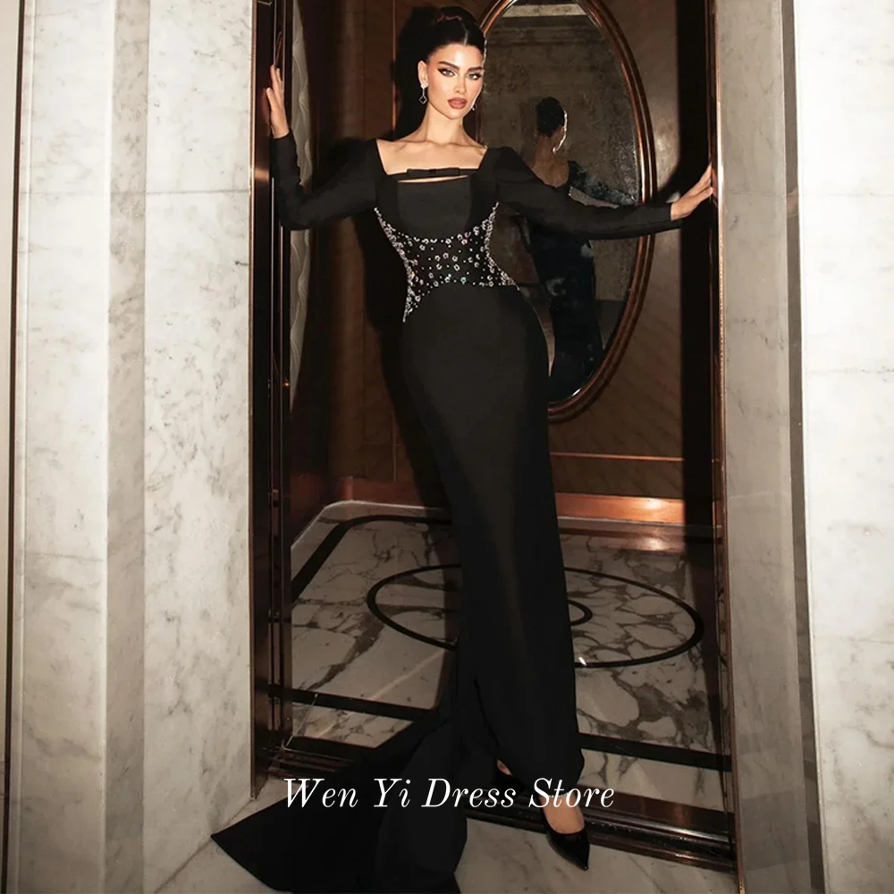Formal Black and Pink Satin Evening Dress Customized Square Collar Long Sleeves Homecoming Dresses Luxury Beading Party Gowns