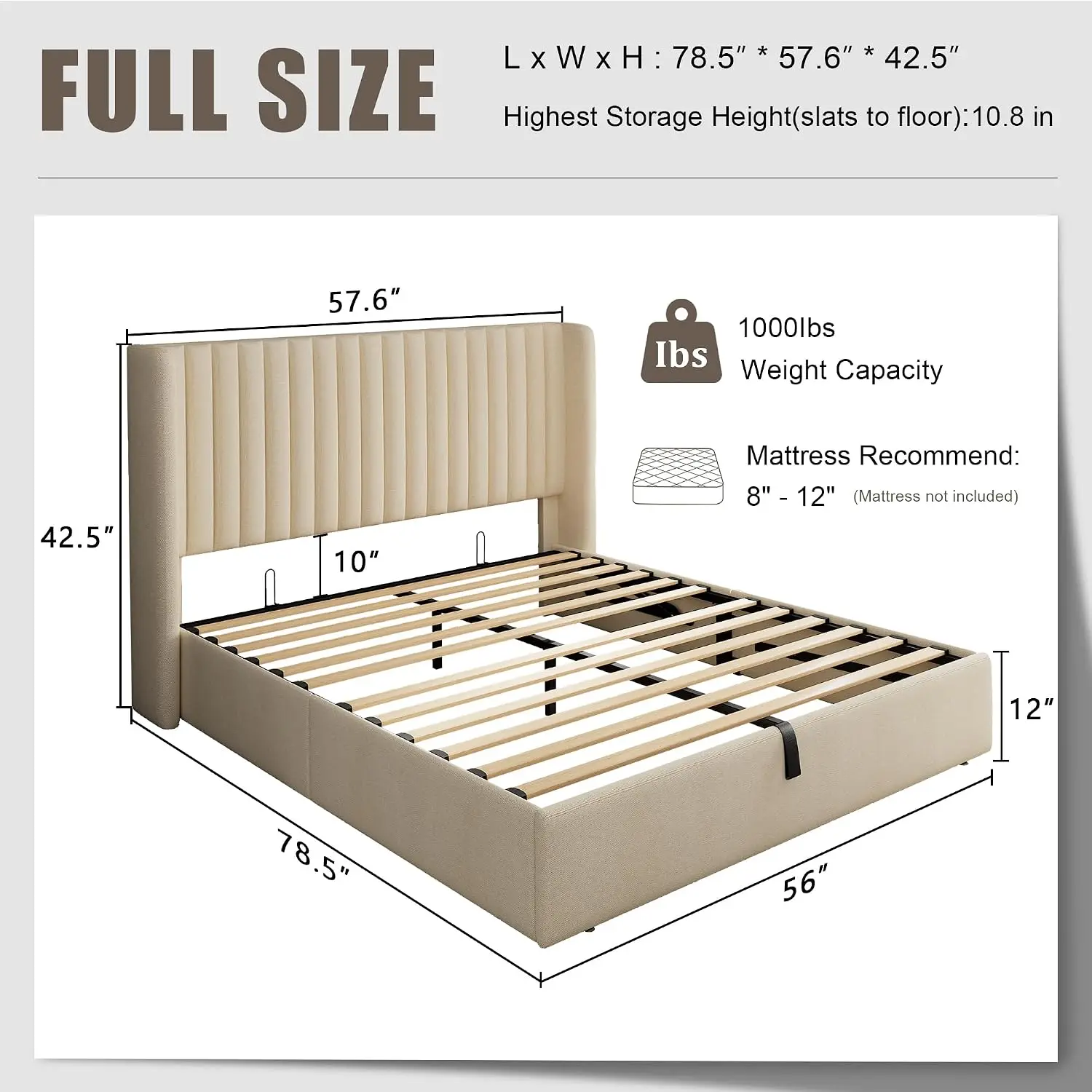 Full Size Upholstered Storage Bed with Wingback Headboard, Hydraulic Lift, Wooden Slat Support, Noise Free, Easy Assembly, Beige