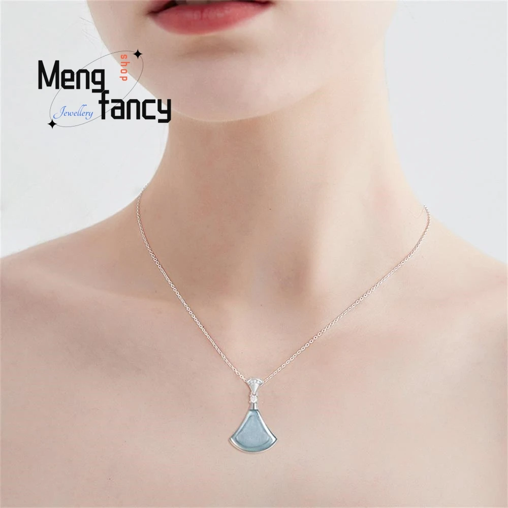 S925 Silver With Natural A-goods Jadeite Blue Water Small Skirt Ice Jade Pendant Exquisite High-grade Luxury Fashion Jewelry