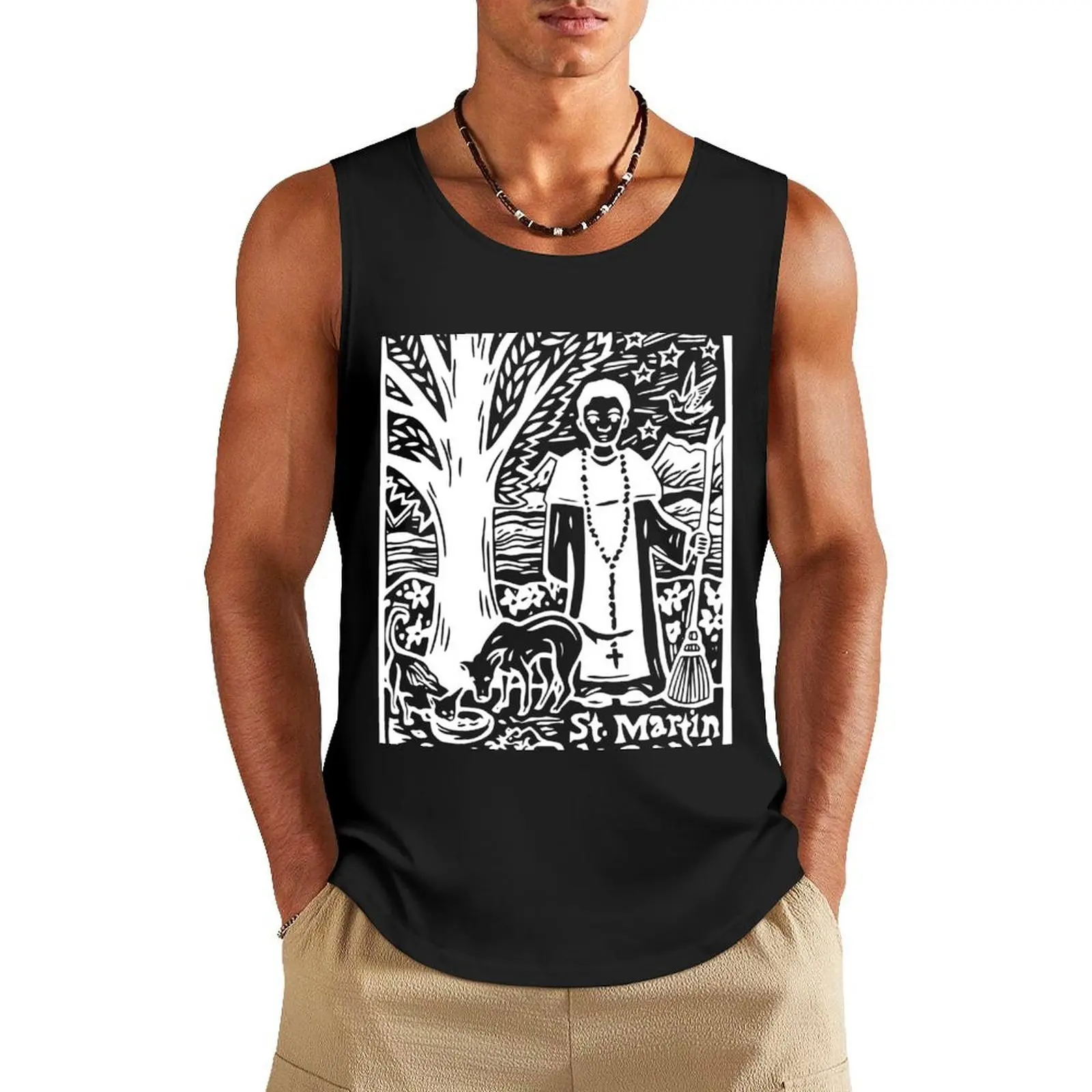 

St. Martin de Porres Linocut Image- White Ink Tank Top sleeveless man vest Men's sports t-shirt sleeveless jackets